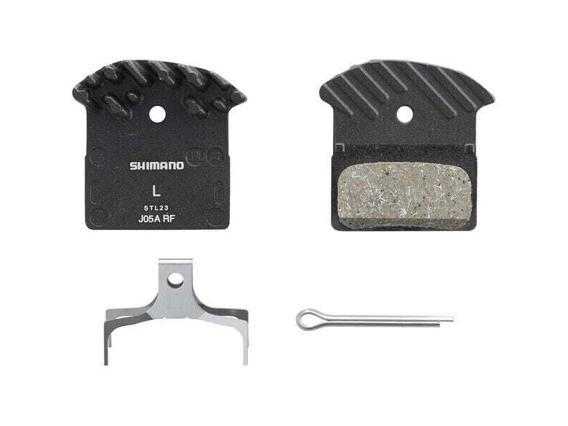 Shimano J05A-RF disc pads & spring, alloy back with cooling fins, resin click to zoom image